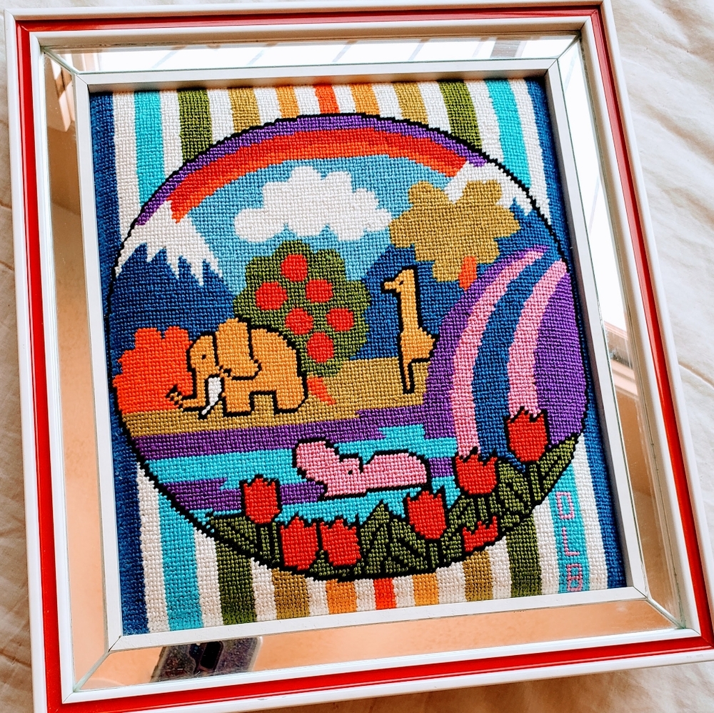 Handmade Noah's Ark Needlepoint - Vintage Frame